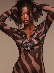 MUSERA Extreme Frill Plunge Front Ruffle Sleeves Fitted Zebra Print Beach Maxi Dress Cover Up Extreme Frill Plunge Front Ruffle Sleeves - Multicolor - View 2