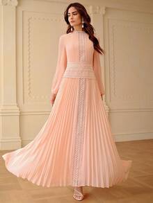 ZEYLAH Elegant Romantic Pleated Lace Patchwork Dress, Spring/Summer - Coral Pink - View 5