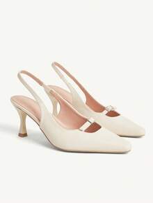 CUCCOO CHICEST 女士户外圆头细高跟搭扣装饰PU皮鞋，时尚简约舒适，适合日常、派对、宴会等场合，无后跟套穿式高跟鞋 - 米色 - 查看 4