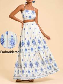Travachic Women Boho White Folk-Custom Embroidered Spaghetti Strap Camisole Top And Maxi Skirt Two Piece Outfit - White - View 1