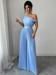 Modelyn Blue Pearl Shoulder Ruched Jumpsuit For Women - Baby Blue - View 6