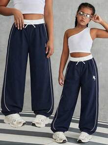 Tween Girl Casual All-Match Street Sports Versatile Black & White Contrast Trim Loose Wide Leg Pants,Holiday,Summer,Travel