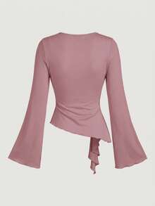 SHEIN MOD 女士纯色交叉V领喇叭袖金属装饰时尚T恤 - 粉色 - 查看 2