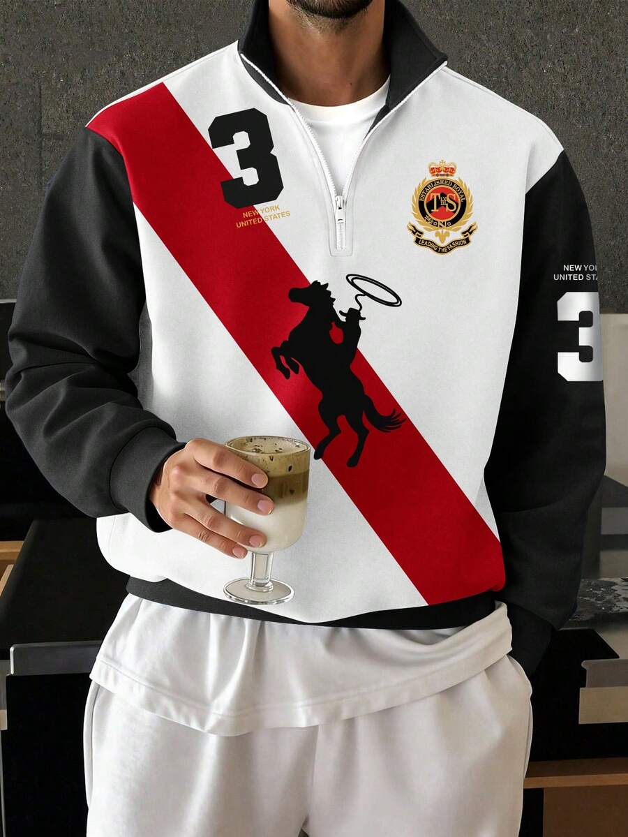Manfinity Homme Áo nỉ kéo khóa nửa thân kiểu Mỹ cổ điển, phối màu đỏ đen trắng, in logo số 33 hình con ngựa, áo nỉ cổ đứng thể thao New York dành cho nam. - Nhiều màu - Xem 1