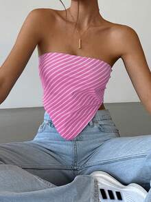 SHEIN EZwear Women's Pink Striped Scarf & Tube Top, Spring/Summer - Pink - View 3