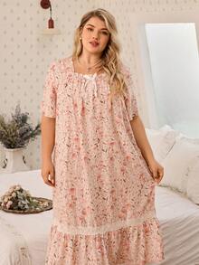 CottageSlumber Große Größen Damen Nachthemd mit Blume Muster, Schleifen-Dekor, weite Kurzarmform, Spitzenbesatz, geeignet für Frühling/Sommer - Altrosa - Übersicht 6