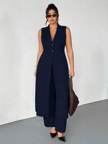 Firerie Plus Size Women Long Sleeveless Blazer Suit In Fall/Winter - Navy Blue - View 4