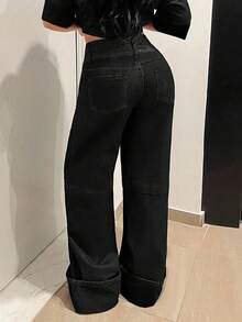 SHEIN Unity Women's Double-Waistband Pockets Wide Leg Loose Casual Jeans - Black - View 5