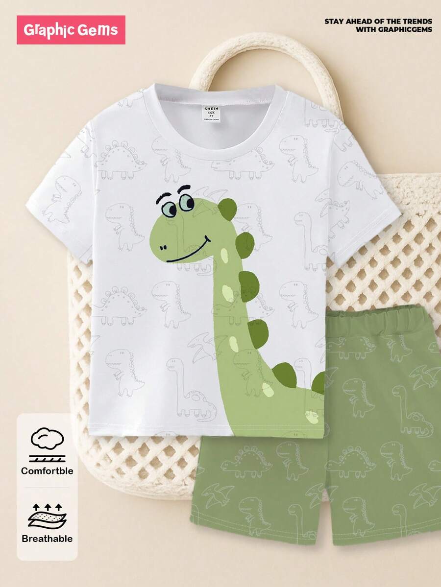 SHEIN 2 件套男婴休闲可爱卡通恐龙印花短袖 T 恤和短裤套装，可爱的日常穿着，适合春夏季