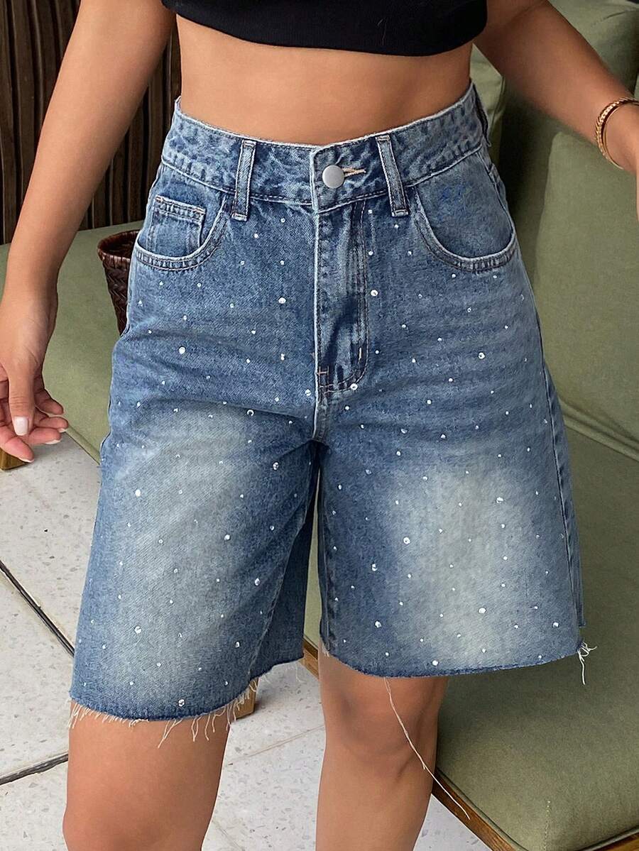 DAZY Women's Regular Mid-Waist Frayed Rhinestone Embellished Casual Denim Shorts - Medium Wash - View 1