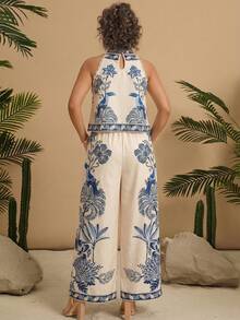 Travachic Bộ 2 món cỡ lớn họa tiết hoa, áo và quần cổ đứng ren kiểu Boho cho mùa hè, thích hợp cho kỳ nghỉ. - Nhiều màu - Xem 2