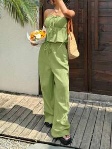 SHEIN EZwear Áo croptop ống rộng buộc dây, gấu quần nhún bèo và quần ống rộng dành cho nữ - trang phục thường ngày thoải mái khi đi nghỉ mát. - Màu xanh chanh - Xem 5