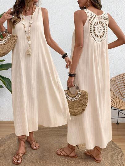 SHEIN Holidaya Women's Casual Comfortable Backless Floral Lace Trim A-Line Dress, Spring/Summer