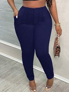 Slaydiva 新款夏季简约纯色褶裥高腰修身七分裤，适合办公室和工作场合，女士款 - 寶藍色 - 查看 3