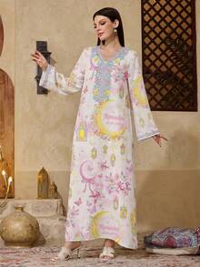 Yasmyna Elegant Moon Print Romantic Conservative Arabic Style Dress, Autumn - Multicolor - View 5