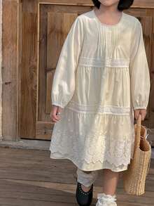 DAZY Young Girl Contrast Lace Round Neck Long Sleeve Cute Dress - Beige - View 5