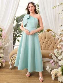 Teen Girls Solid Color Elegant Asymmetrical Shoulder Dress - Green - View 4