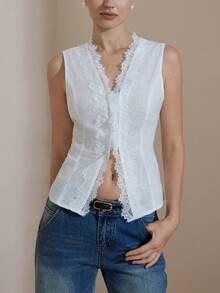 Revavyn French Retro Minimalist Versatile V-Neck Faux Linen Lace Trim Sleeveless Top For Women - White - View 3