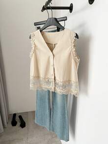 Serisse Áo vest nữ 100% cotton màu trơn phối ren, kiểu dáng Pháp mùa hè, cổ chữ V, chất liệu 100% cotton, viền ren, chất liệu lưới rỗng, thoáng mát và ngọt ngào, thích hợp cho đi làm và mặc thường ngày, tối giản, đa năng cho công sở hoặc dự tiệc, áo ren, mùa hè, áo mùa hè, ngày Valentine, trang phục lễ hội cho nữ, đi biển, áo đi chơi, áo kiểu nữ thanh lịch, áo kiểu thường ngày cho nữ - Màu be - Xem 6