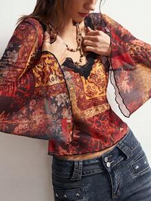 Bohemela Casual Knit Mesh Patchwork Lace V-Neck Flare Sleeve Fitted Cropped Women Top - Mocha Brown - View 4
