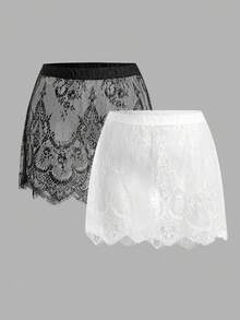 SHEIN EZwear 加大码黑白蕾丝两件套半身裙套装，春夏款 - 黑與白 - 查看 4