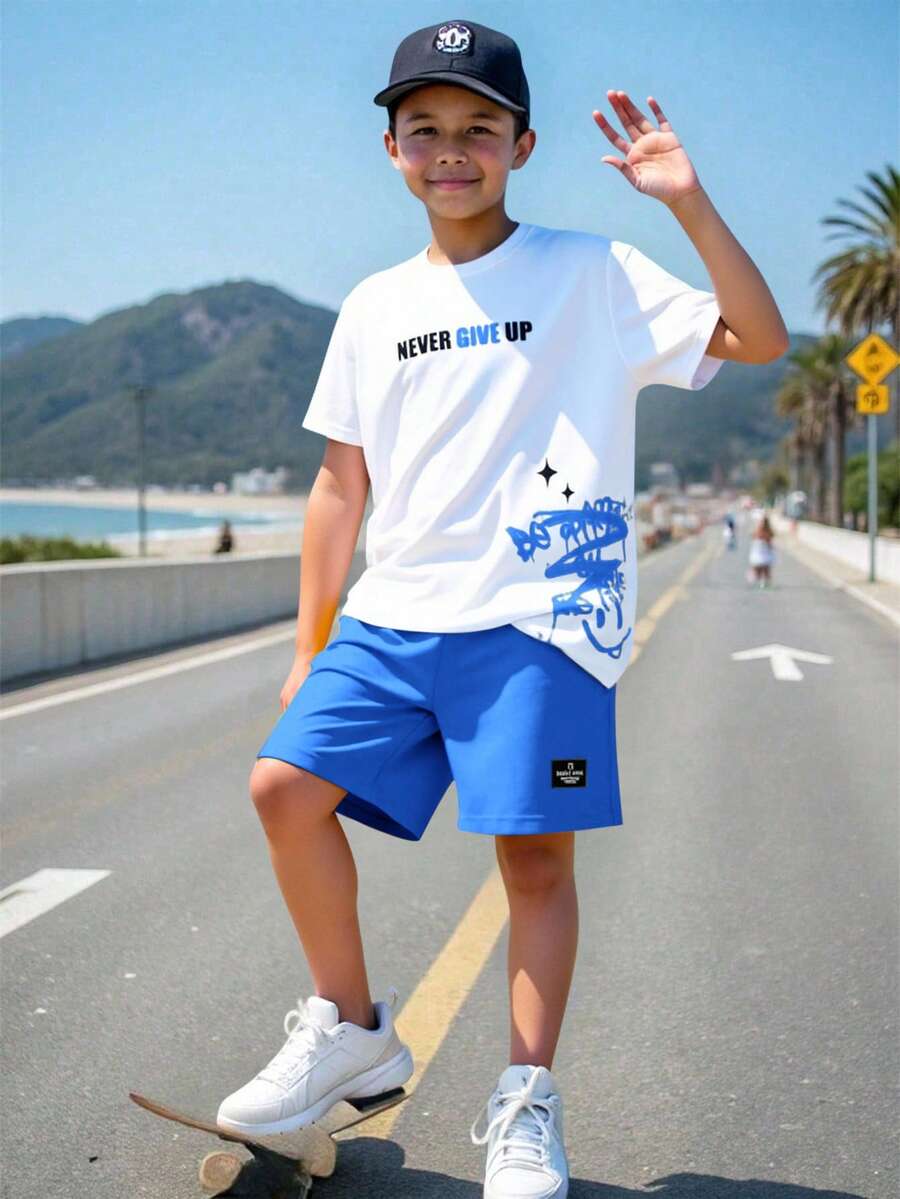 2pcs/Set Tween Boy Casual School Style Cute Pattern Round Neck T-Shirt And Shorts Set, Suitable For Commuting, School, Daily Casual Wear, Sports, Spring/Summer - Royal Blue - View 1