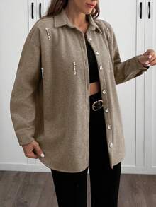 SHEIN Cottnline Solid Color , Rhinestone Details, Over Shirt Jacket - Mocha Brown - View 6