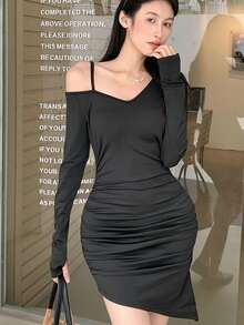 K-Vae Women's Asymmetric Cold-Shoulder Long Sleeve Black Dress, Sexy Style - Black - View 3
