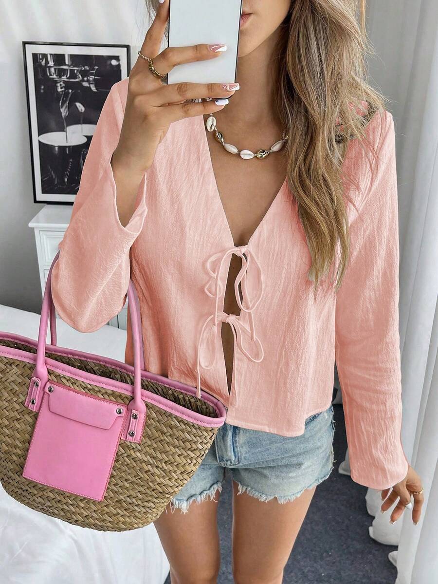 Pariaura （100% 棉）纯色系带落肩衬衫，假日纯色梭织宽松常规女式衬衫，喇叭袖 - 淺粉色 - 查看 1