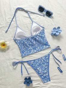 Swim Mod Women's Tropical Print Two Pieces Bikini Set, Casual Holiday Style - Multicolor - View 3