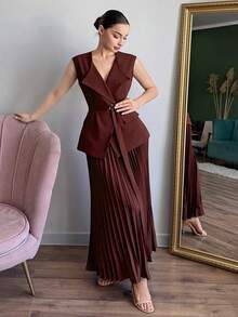 DAZY 2pcs Women's Cinched Waist Vest And Long Pleated Skirt Set, Elegant Urban Casual Outfit, Burgundy - Red - View 4