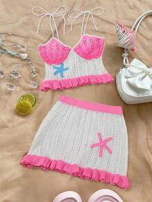 Swim Mod Conjunto de Tricô Feminino com Top Cropped com Alça de Amarrar em Formato de Estrela do Mar e Babado e Saia Mini com Bainha Franzida, 2 Peças, Roupa de Férias - Multicolorido - Visão 3