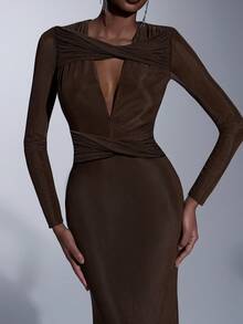 Elitara Elegant And Simple, This Coffee-Colored Stretch Mesh Dress Features Twisted Details, A V-Neck, Long Sleeves, And A Fishtail Silhouette. Suitable For All Formal Occasions, Including Weddings And Bridesmaid Dresses.,Wedding Party Dress - Coffee - View 2