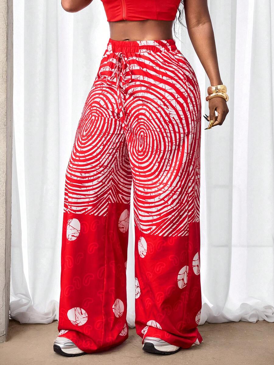 BamGleam Women's Geometric Print Drawstring Waist Casual Versatile Wide Leg Pants, Suitable For Vacation And Travel - Multicolor - View 1