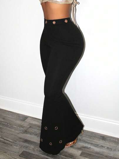 BamGleam 女士纯色金属孔眼装饰休闲百搭日常喇叭裤