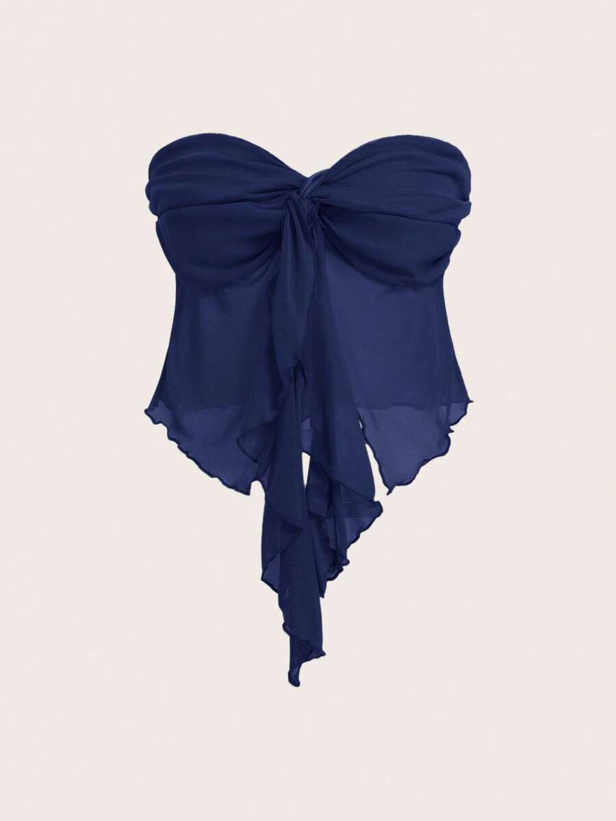 SHEIN EZwear 女款優雅海軍藍網紗扭結抹胸上衣，無肩帶管狀上衣，夏季休閒度假派對夜間泳裝外罩，全覆蓋比基尼罩衫 - 藏蓝色 - 查看 1