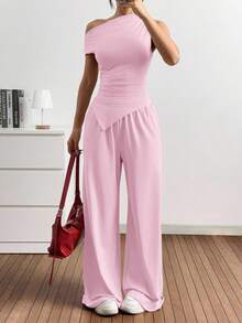 SHEIN EZwear 女士新款纯色不对称下摆露肩上衣和阔腿裤针织两件套 - 淺粉色 - 查看 4