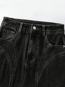 GlowEve Women's Pocketed Button Pleated Casual Versatile Date Outing Denim Mini Skirt - Dark Grey - View 3