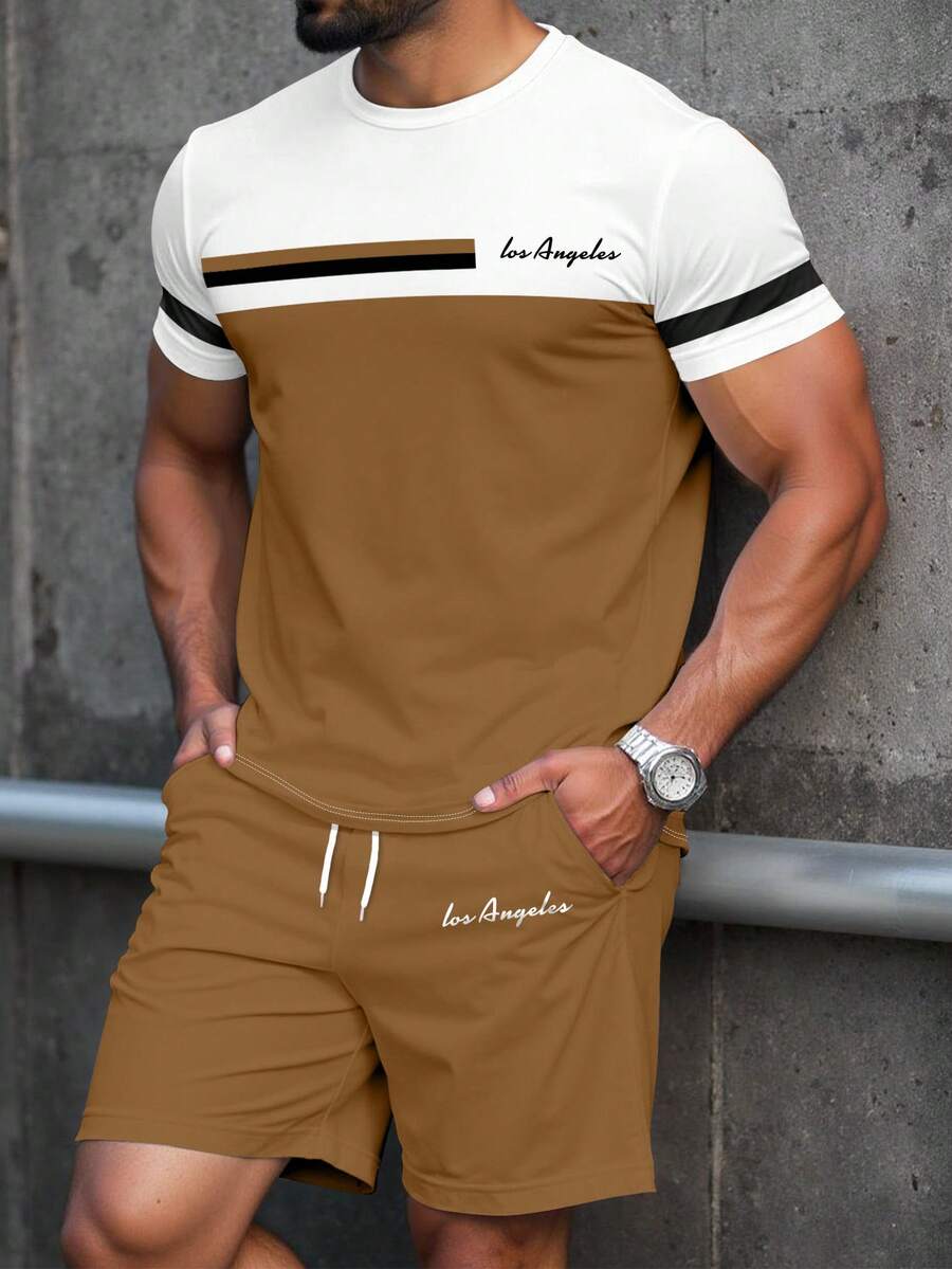 Manfinity Homme 男士洛杉矶标语撞色图案休闲T恤短裤套装，男士简约通勤短袖T恤短裤两件套，春夏男士，男装，男士沙滩装，女士度假装，男士两件套T恤，男士情人节礼物，男友夏季服装 - 彩色 - 查看 1