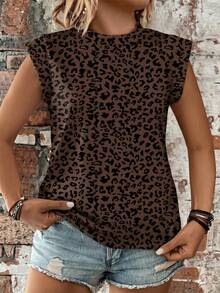 EMERY ROSE Women's Leopard Print Pattern Round Neck Cap Sleeve Casual Versatile T-Shirt, Spring/Summer - Multicolor - View 5