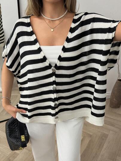 SHEIN Oversized Lightweight Knit Cardigan With Stripe Pattern