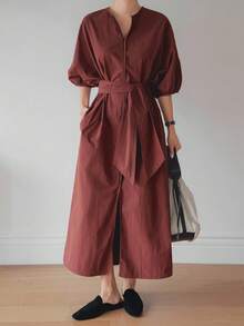 Dazy-Less 夏季宽松商务休闲纯色通勤办公装拼接长款衬衫裙，收腰设计，泡泡袖，短袖女款 - 紅木色 - 查看 4
