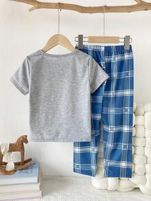 2 pièces Ensemble Top à manches courtes col rond gris décontracté et pantalon à carreaux bleus pour jeune garçon, tenue de détente d'été - Bleu ciel - Voir 2