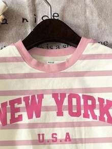 两件套女童休闲蓝条纹套装，饰有“NEW YORK”图案，搭配粉色撞色上衣和短裤，返校季学院风短袖上衣和短裤，可爱夏日装扮 - 彩色 - 查看 5