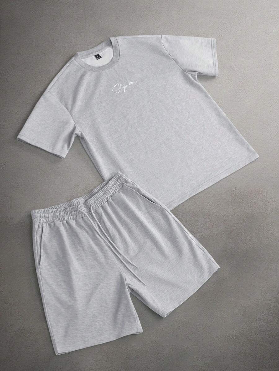STYNVO Bộ đồ nam gồm áo thun ngắn tay cổ tròn in chữ và quần short cạp chun, bộ đồ nam màu xám, bộ đồ đồng bộ màu xám cho nam, bộ áo và quần cho nam, bộ đồ mùa hè cho nam. - Xám - Xem 1