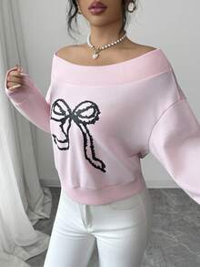 Elenzga Women's Spring/Summer Casual Outfit, Suitable For New Year, Valentine's Day, Easter, Mother's Day, Middle Eastern Party, Wedding, Elegant French Sweet Romantic Vacation, Boat Neck Bow Print Long Sleeve Sweatshirt, Pink - Pink - View 3