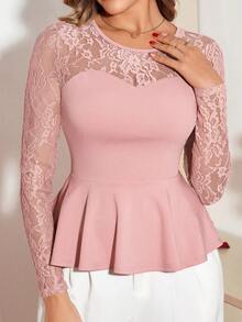 Amorya 女士优雅派对蕾丝拼接腰部T恤夏季上衣粉色上衣情人节春夏 - 粉色 - 查看 4