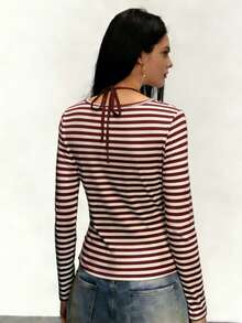 INAWLY Camiseta de Manga Longa com Listras e Renda em Contraste, Moda Outono Feminina - Multicolorido - Visão 2