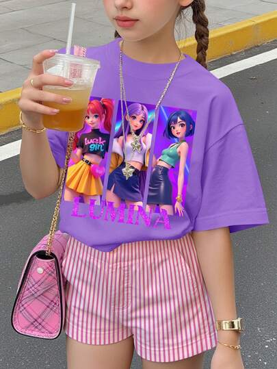 T-shirt med tecknad figurtryck, avslappnad minimalistisk kortärmad rund hals, lämplig för alla årstider och vardagsbruk