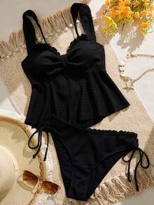 Swim Vcay Women's Solid Color Lining Fabric Lace Trim Camisole & Bikini Set, Suitable For Summer Beach & Vacation - Black - View 6